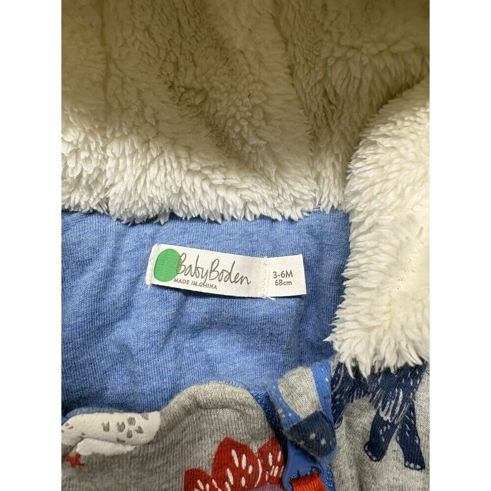 Baby Boden Baby All-in-One Pram Snow Fleece Suit Gray Dinosaur Size 3-6 Months